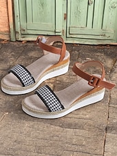 olcso Nyári szandálok-női houndstooth espadrille ékszandál bokapánttal – hétköznapi nyári platformszandál nyaraláshoz és mindennapi viselethez