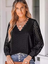 preiswerte Spitzenoberteile-Damen Elegante Oberteile Elegant Langarm V Ausschnitt Normale Oberteile Schwarz Weiß Sommer Frühling
