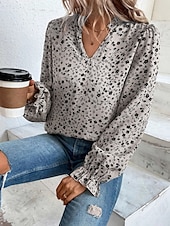billige Kvinne Grafiske Topper-Dame Skjorte Bluse Blomstret Stilfull Fritid Langermet V-hals Vanlige topper Daglig Trykt mønster Vin Grønn Beige Sommer Vår