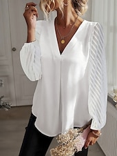 voordelige Dames eenvoudige tops-Dames Overhemd Blouse Effen Kleur Stijlvol Casual Lange mouw V-hals Normale tops Dagelijks Kant Lapwerk Wit Zomer Lente