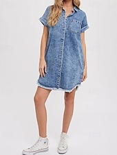 billiga Vit klänning-Dam Mini klänning Denimklänningar Vardagsklänning Sommarklänning Mode Utomhus Helgdag Datum Normal Slät Kortärmad Tröjkrage Blå Sommar Vår