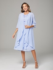 levne S bundou-Dvoudílné A-Linie Šaty Matky Nevěsty Svatební Host Elegantní Kulatý Výstřih Délka Kolen Chiffon Krajka Bez Rukávů Kabátové Šaty s Přívody Appliques