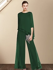 billiga Mammas byxdräkter-Tvådelat Jumpsuit  Byxdress Mor till Bruden Bröllopsgäst Elegant Plus Size Juvelhals Golvlång Chiffong 3/4 Lång Ärmar med Applikationer 2025 gratis skräddarsydd storlek