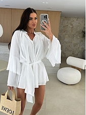 olcso Fehér alkalmi ruhák-Női Mini ruha hétköznapi ruha Tavaszi ruha Elegáns Hétköznapi Napi Normál Tömör szín Hosszú ujj V-alakú Fekete Fehér Arcpír rózsaszín Rubin Ősz