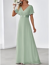 baratos Vestidos para Madrinhas-vestido de dama de honra linha a decote em v manga curta elegante comprimento até o chão chiffon com faixa / fita / franzido 2025