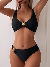 preiswerte Bikini-Sets-Damen Badeanzug Bikinis 2 Stück Bademode Rückenfrei Bauchkontrolle Hohe Taillenlinie Urlaub Strandbekleidung Feste Farbe V Ausschnitt Ärmellos Badeanzüge