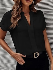 abordables Hauts de Travail pour Femmes-Femme Chemise Chemisier Couleur unie mode Décontractées Manche Courte Col cranté Hauts réguliers du quotidien Noir Blanche Bleu Fuchsia Eté Printemps