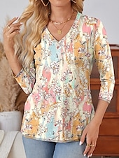 abordables T-shirt Boho-Femme T shirt Floral Décontractées manche longue Col V Hauts réguliers du quotidien Imprimer Blanc Ecru Printemps Automne
