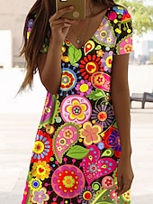 olcso Boho ruhák-Női Mini Ruha Kicsi Ruha Póló Ruha T-Shirt Ruha Nyári Ruha A vonalú Ruha Elegáns Vintage Stílusos Vakáció Születésnapi Kényelmes Rendes Fit Virágos Grafikai Paisley Rövid Ujjú V Nyak Piros