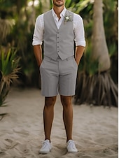 cheap Wedding Suits-Men&#039;s Wedding Linen Suits Vest Shorts Groomsmen Suits Beige Fashion Casual Summer Solid Colored Standard Fit 2 Piece
