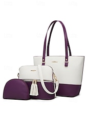 economico Borsette e borse tote-elegante set di borse da donna bicolore patchwork con decorazione a nappe - borsa a mano, borsa a tracolla e borsa piccola - perfette per il tempo libero quotidiano, per andare al lavoro
