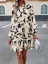 cheap Casual Floral Dresses-Women&#039;s Mini Dress Casual Dress A Line Dress Stylish Casual Vacation Daily Regular Fit Floral Long Sleeve Stand Collar Green Apricot Summer