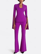 economico Tailleur pantalone della mamma-Completo in due pezzi tuta  completo pantaloni madre della sposa elegante scollo a gioiello lunghezza pavimento in tessuto elasticizzato maniche corte con colore solido