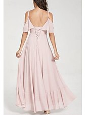 cheap Bridesmaid Dresses-A-Line Bridesmaid Dress V Neck / Spaghetti Strap Short Sleeve Elegant Asymmetrical Chiffon with Split Front / Ruching