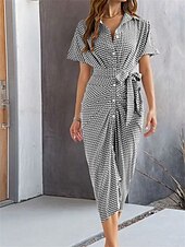 billiga Jobbklänningar-Dam Midiklänning Blazer Klänningar Stylish Ledigt Semester Arbete Dagligen Normal Rutig Rand Halvlång ärm Tröjkrage Svart Brun Sommar Vår Höst