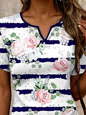 billige Stripe og geometrisk t-skjorte-Dame T skjorte Blomstret Stripet Fritid Kortermet Hals med hakk Vanlige topper Daglig Trykt mønster Navyblå Sommer Vår