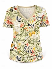billige Blomster t-skjorte-Dame T skjorte Blomstret Stilfull Fritid Kortermet V-hals Vanlige topper Daglig Ut på byen Helg Trykt mønster Beige Sommer Vår