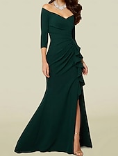 abordables Longueur du plancher-Robe mère de la mariée sirène invitée de mariage élégante sexy décolletée en V traîne courte tissu extensible manches 3/4 avec drapé et fente avant taille personnalisée gratuite