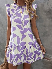 economico Abiti floreali-Per donna Mini abito Vestito a trapezio Abito con balze Festività Informale Giornaliero Per eventi Standard Pop art Manica corta Girocollo Viola Cachi Estate
