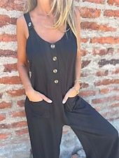 abordables Mono-Mujer Normal Mono Activo Color sólido Sin Mangas Escote en U Botones Bolsillo Vacaciones Diario Ajuste regular Negro Blanco Azul Piscina Verano