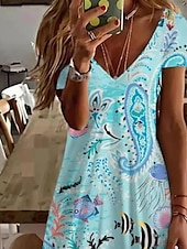 abordables Robes Boho-Robe Mini Femme Robe Décontractée Élégante Tropicale Hawaïenne Quotidienne Coupe Régulière Imprimé Floral Manches Courtes Col Ronde Bleu Été