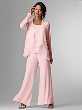levne Máminy kalhotové kostýmy-Plážový svatební overal  kalhotový oblek 3 kusy Matky nevěsty Formální svatební host Elegantní Plus size Zahrnutý obal Lodní výstřih Délka podlahy Chiffon bez rukávů s krajkou bezplatná velikost na