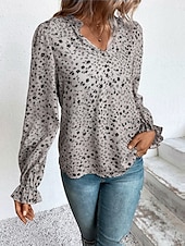 billige Kvinne Grafiske Topper-Dame Skjorte Bluse Blomstret Stilfull Fritid Langermet V-hals Vanlige topper Daglig Trykt mønster Vin Grønn Beige Sommer Vår