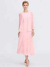 voordelige Met Jas-Strand Bruiloft Twee Delige Sheath Moeder van de Bruid Jurk Bruids Gast Elegante Plus Size Edelsteenhals Thee Lengte Chiffon Mouwloos Wrap Inbegrepen met Ceintuur  Riem Plooien Beading 2025