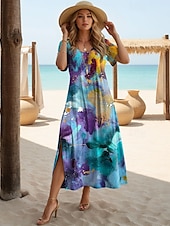 levne Šaty umění a designu-Maxi šaty pro ženy černé šaty dlouhý rukáv boho šaty elegantní vintage motýlí rukáv na dovolenou pláž klasické ombre vintage krátký rukáv kulatý výstřih modrá zelená léto