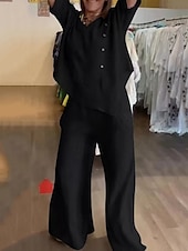 economico Set in cotone e lino-Per donna Moda Streetwear Camicia Set di biancheria in cotone Set da due pezzi Pantaloni di Lino Pantaloni Manica Lunga Scollo a V Tinta unica Ferie Abbigliamento quotidiano Nero Bianco Blu marino