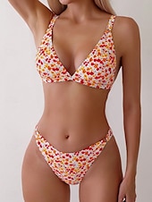 olcso Bikiniszettek-Női Fürdőruha Bikini 2 darab Merész Fürdőruha Nyitott hátú Vékony Szabadság Strandruházat Virágos V-alakú Ujjatlan Fürdőruhák