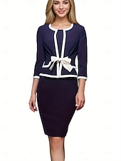 cheap Work Dresses-Women&#039;s Work Dress Shift Dress Elegant Office Daily Midi Dress Patchwork Crew Neck 3/4 Length Sleeve Plain Regular Fit Navy Blue Spring Fall S M L XL