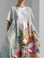 economico Abiti floreali-Vestito maxi da donna abito casual abito casual vacanza vestibilità ampia grafica floreale in lino simile a manica 3/4 girocollo blu chiaro primavera autunno inverno
