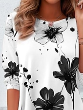 ieftine tricou floral-Tricou pentru femei cu mânecă lungă guler rotund tunică lungă grafic floral casual topuri regulate print zilnic alb și negru primăvară toamnă pre-toamnă