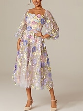 cheap Cocktail Dresses-Floral Embroidered A-Line Formal  Mother of the Bride Dress Wedding Elegant Vintage Square Neck Ankle Length Tulle Long Sleeve with Appliques Flower 2025