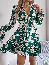 cheap Casual Floral Dresses-Ramadan Women&#039;s Normal Mini Dress Boho Chic Dresses Boho Dress Cami Dress Off The Shoulder Dress Bohemia Stylish Sexy Puff Sleeve Vacation Party Birthday Form Fit Floral Graphic Long Sleeve Plunging