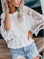 economico Top eleganti-Per donna Camicia Camicia in pizzo Top con cuciture in pizzo Blusa Tinta unica Elegante Moda Informale Mezza manica Maniche ad aletta Girocollo Top regolari Invitati del matrimonio Giornaliero Per