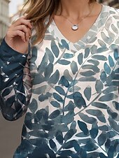 preiswerte Blumen-T-Shirt-Damen T-Shirt Ombre Grafisches Blatt Elegant Freizeit Langarm V-Ausschnitt Reguläre Tops Täglicher Print Blau Frühling Herbst