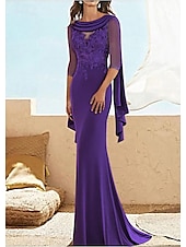 abordables Largo del piso-Vestido ajustado Madre de la novia Invitada de boda Elegante talla grande Cuello joya Largo hasta el suelo Chifón Encaje Media manga con apliques y fruncidos talla personalizada gratis