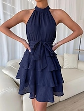 olcso Egyszerű ruha-Női Mini Ruha Hétköznapi Ruha A Vonallal Fit And Flare Ruha Alap Hétköznapi Szabadság Napi Rendszeres Illeszkedés Grafikus Ujjatlan Halter Nyak Fekete Piros Kék Lila Nyár