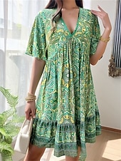 abordables Robes de vacances-Femme robe longue Robe casual Robe Trapèze Elégant mode Décontractées Vacances du quotidien Ample Graphic Manche Courte Col V Noir Jaune Bleu Vert Eté Printemps