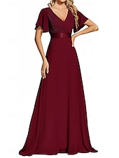 baratos Vestidos para Madrinhas-vestido de dama de honra linha a decote em v manga curta elegante comprimento até o chão chiffon com faixa / fita / franzido 2025