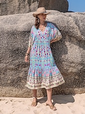 economico Abiti casual floreali-Per donna Abito lungo Abito lungo Abito boho Abito midi Informale Manica a sbuffo Interni Informale Giornaliero Standard Floreale Stile Boho Mezza manica A V Blu Estate Autunno