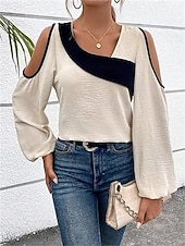 preiswerte Damen Einfache Oberteile-Damen Hemd Bluse Farbblock Elegant Täglich Stilvoll Langarm Laternenärmel U-Ausschnitt Normale Oberteile Arbeit Täglich Festtage Patchwork Wein Blau Beige Frühling Herbst