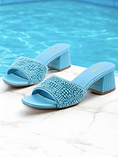 cheap Vacation Sandals-Women&#039;s Light Blue Pearl-Embellished Block Heel Mules – Elegant Open-Toe Slip-On Sandals for Summer Parties &amp; Evening Wear