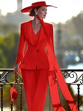 baratos Comprimento do chão-Conjunto de Calça 3 Peças Vestido da Mãe da Noiva Sem Laços Formal Convidada de Casamento Elegante Decote em V Colarinho de Camisa Comprido Tecido Stretch Wrap Incluído com Ruchado Cor Sólida