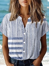 abordables Tops à Rayures et Géométriques pour Femmes-Blouse pour femmes à fleurs élégante vintage quotidienne à manches courtes col régulier tops quotidien similicuir jaune rose bleu poussiéreux violet vert été