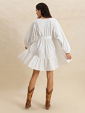 ieftine Rochii Albe Casual-rochie albă rochie mini pentru femei rochie casual rochie boho cu mânecă lungă boho mânecă lantern festival de muzică data nunții potrivire obișnuită uni mânecă lungă cravată gât în v toamnă albă de vară