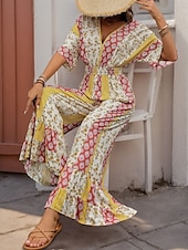 preiswerte Urlaubsoverall-Damen Normal Jumpsuit Urlaub Blumen 3/4 Ärmel V Ausschnitt Hohe Taillenlinie Urlaub Täglich Regular Fit Gelb Sommer