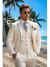 voordelige Strandpakken-Heren Strandbruiloft Linnen Kostuums Beige Mode Formeel Zomer Effen Kleur Standaard Pasvorm 3-Piece Eensluiting Eén Knop